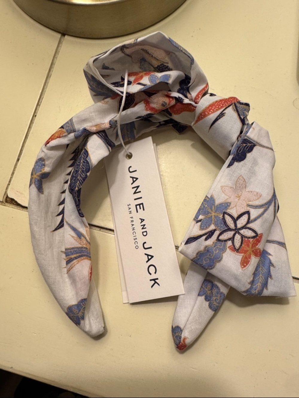 Janie and Jack White Floral Tie Headband with Blue & Orange Accents